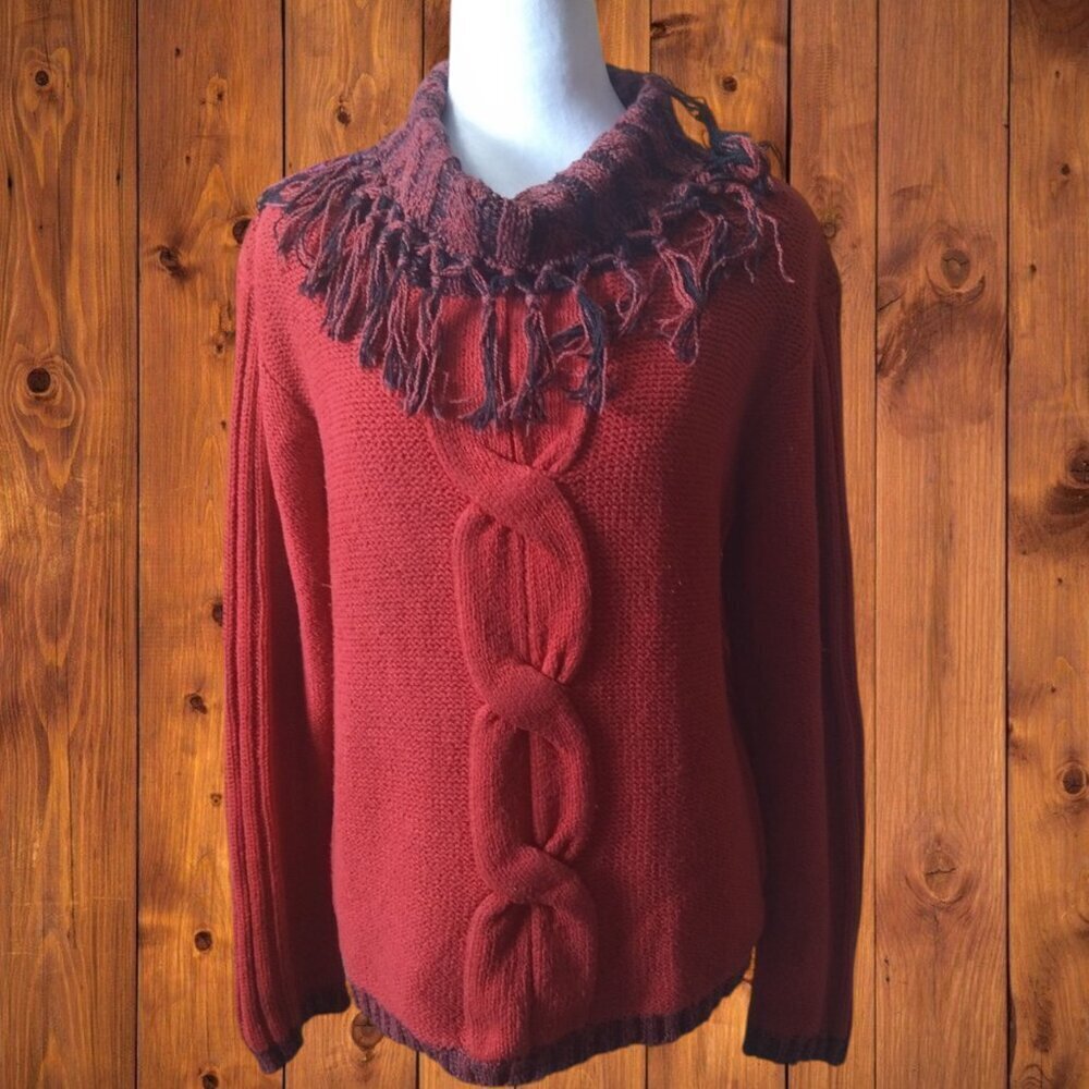 FIA Italia Red Pullover Fringe Neckline Handloomed Vintage Sweater Size Large